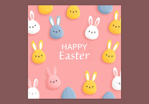 Editable Happy Easter Greeting Card Social Media Post with Colorful Eggs and Bunny Faces on Peach Pink Background.