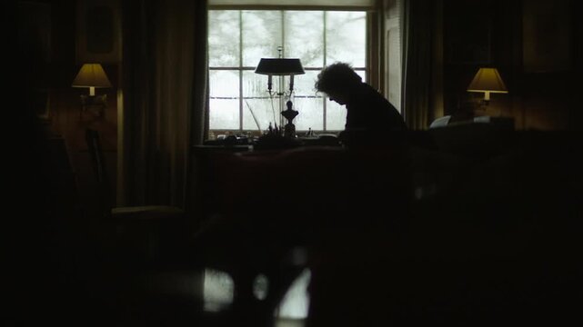 Lone man sitting at a desk writing by a window in a dimly lit, atmospheric room