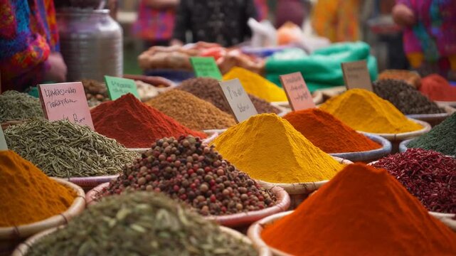 Vibrant outdoor spice market with stalls of colorful aromatic powders, bustling bazaar atmosphere filled with textures, scents, and lively cultural energy.