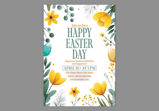 Editable Happy Easter Celebration Invitation Flyer Design with Painted Eggs and Floral Decorations on White Background.