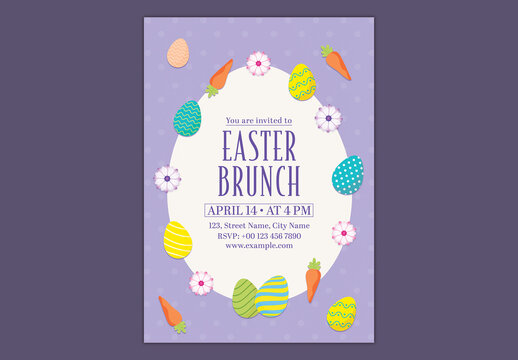 Editable Easter Brunch Invitation Flyer Design with Festival Elements on White and Purple Background.