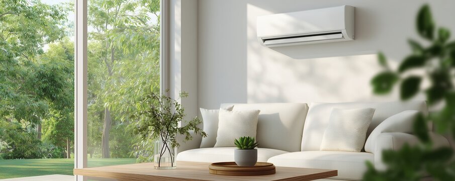 Bright minimalist living room with white air conditioning unit over a sofa, featuring a window view of a lush green garden, concept for energy efficiency, indoor relaxation and architectural housing