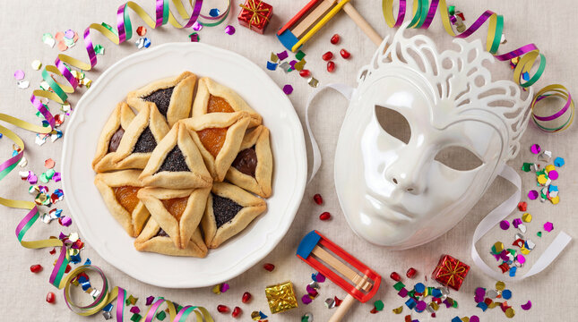 Top view of a Purim festive arrangement featuring a plate of traditional Hamantaschen cookies, a white carnival mask, colorful streamers, and noisemakers (graggers)