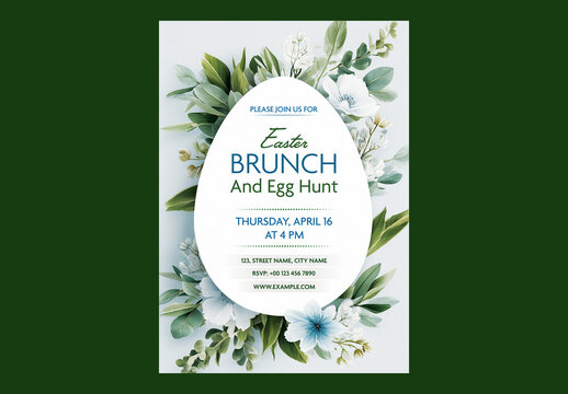 Editable Easter Brunch and Egg Hunt Party Flyer Design with Spring Floral Decorations on White Background.