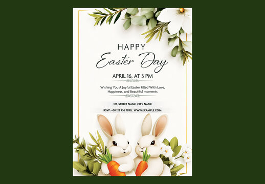 Editable Happy Easter Day Party Flyer Design with Cute Bunnies Character Holding Carrots and Spring Floral Decorations on White Background.