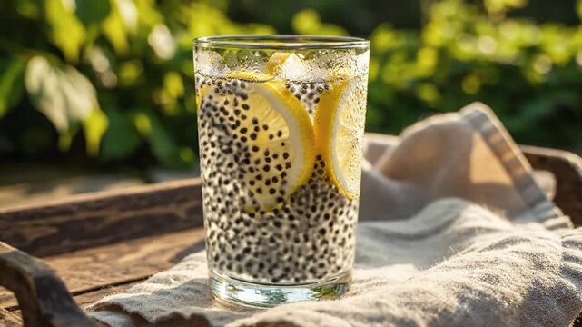Lemon  basil seed drink in glass on rustic tray w cloth sunny garden backdrop