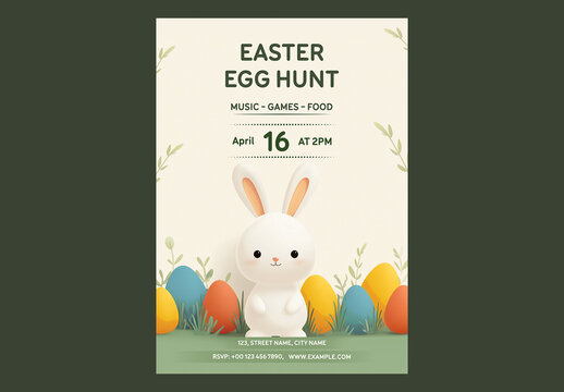 Editable Easter Egg Hunt Party Invitation Flyer Design with Cute Bunny Character and Colorful Eggs on Beige and Green Background.