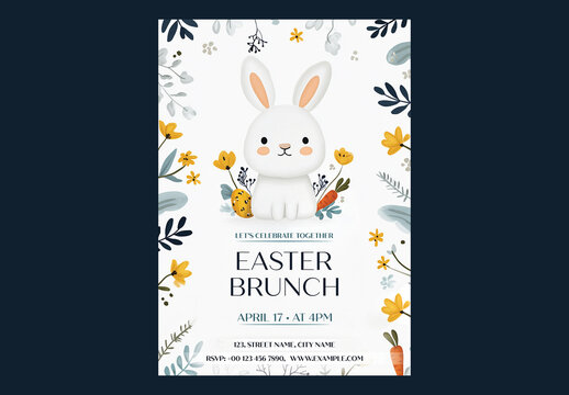 Editable Easter Brunch Invitation Flyer Design with Cute Bunny Character and Floral Decorations on White Background.