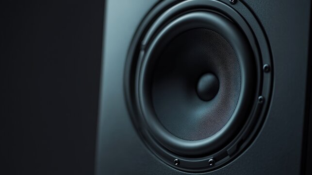 Close-up Image of a Black Speaker Woofer, Showcasing the Detailed Texture, Surround, and Design Elements of a Modern Audio Component in a Dark Background