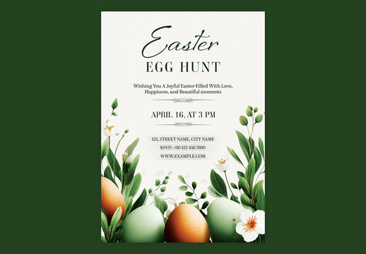 Editable Easter Egg Hunt Party Invitation Flyer Design with Painted Eggs and Spring Floral Decorations on White Background.