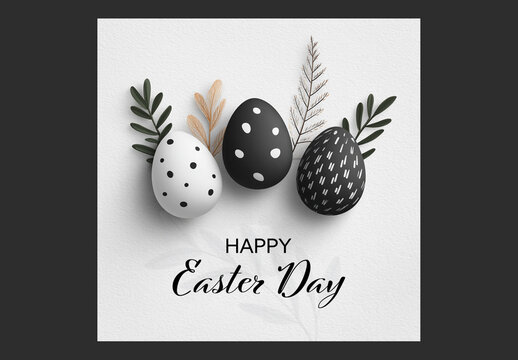 Editable Happy Easter Day Greeting Social Media Post with Painted Eggs and Leaves on White Background.