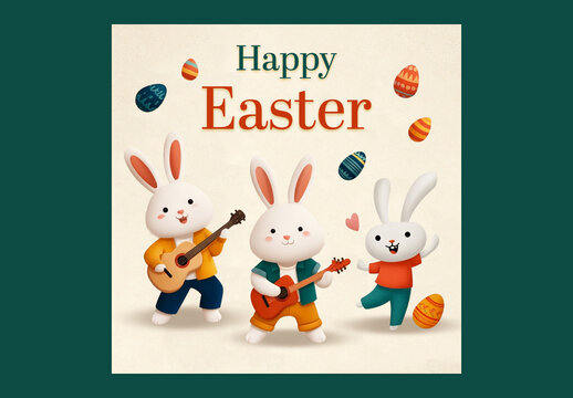 Editable Happy Easter Greeting Social Media Post with Cute Bunnies Dancing and Playing Guitar, Colorful Painted Eggs on White Background.