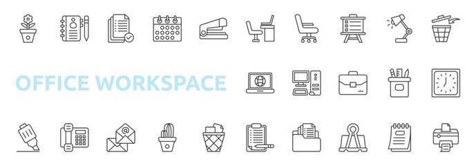 Office Workspace icon set outline style with desk, office chair, presentation board, table lamp, document, calendar, staple, marker, telephone, email icons
