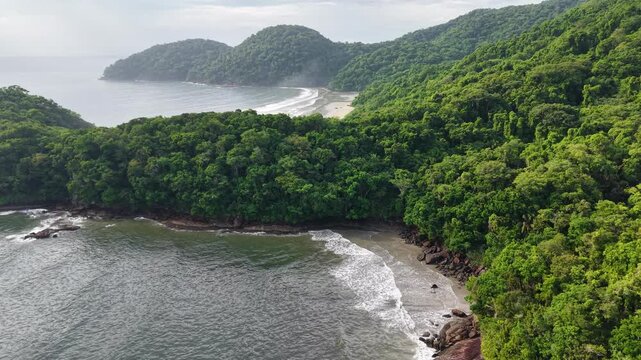 Drone view of Arpoador Beach - a wild beach in the coast of Peru&iacute;be, S&atilde;o Paulo, Brazil