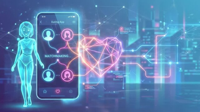 Dating app hologram digital heart neon city matchmaking mobile screen futuristic cyberpunk smartphone technology glow modern interface virtual love online profile romantic cyber neon