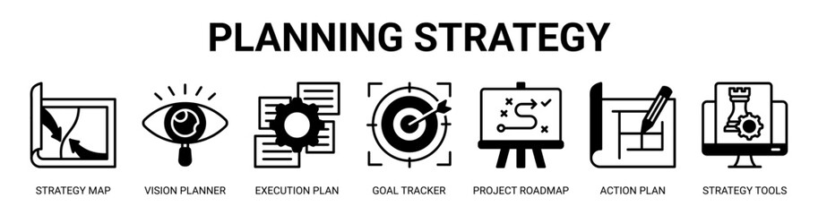 Planning Strategy web banner icon vector illustration concept with icon of strategy map, vision planner, execution plan, goal tracker, project roadmap, action plan, and strategy tools. © santerabos