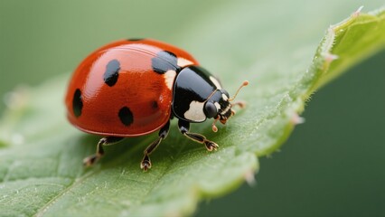 Fototapeta premium Macro photography of Harmonia axyridis: A macro lens captures in high definition the natural moment when a Harmonia axyridis with a red-and-white-spotted shell perches on a tender green leaf. The deli