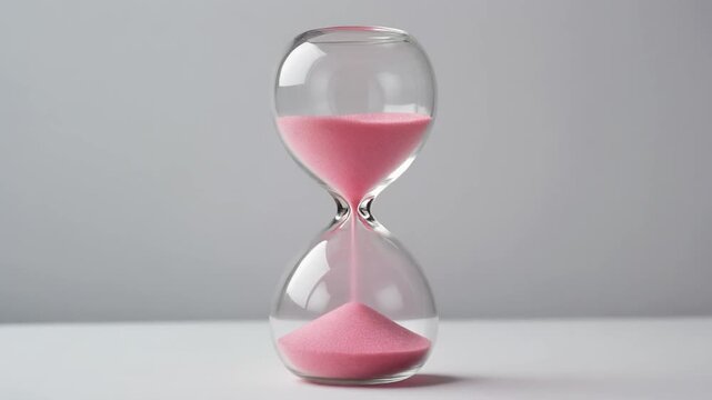 Modern glass hourglass with pink sand flowing on white background
