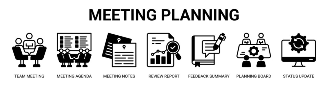 Meeting Planning web banner icon vector illustration concept with icon of team meeting, meeting agenda, meeting notes, review report, feedback summary, planning board, and status update.