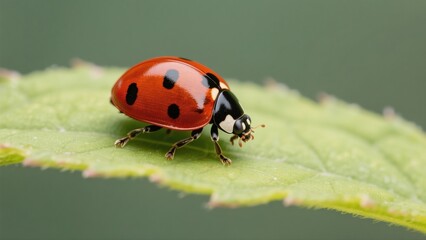 Naklejka premium Macro photography of Harmonia axyridis: A macro lens captures in high definition the natural moment when a Harmonia axyridis with a red-and-white-spotted shell perches on a tender green leaf. The deli