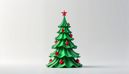 Obraz premium decorative green Christmas tree with red ornaments and a star on top, symbolizing holiday spirit and celebration in a minimalist style, with copy space