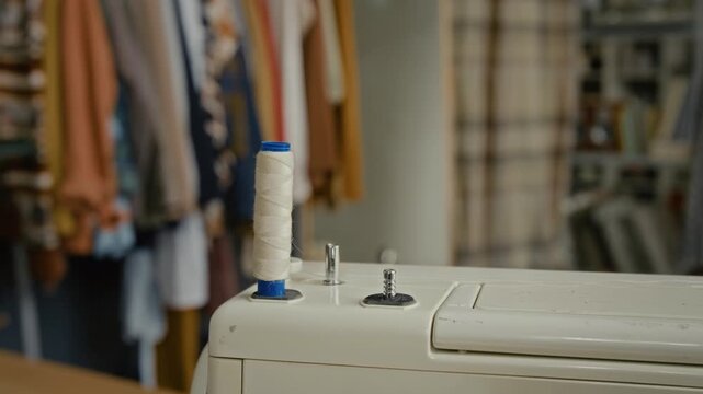 Close-up no people shot of upper part of off-white sewing machine with vertical white thread spool in cozy thrift store