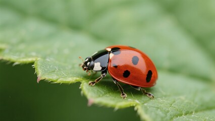 Fototapeta premium Macro photography of Harmonia axyridis: A macro lens captures in high definition the natural moment when a Harmonia axyridis with a red-and-white-spotted shell perches on a tender green leaf. The deli