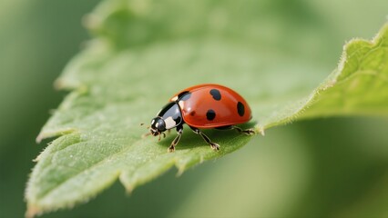 Macro photography of Harmonia axyridis: A macro lens captures in high definition the natural moment when a Harmonia axyridis with a red-and-white-spotted shell perches on a tender green leaf. The deli