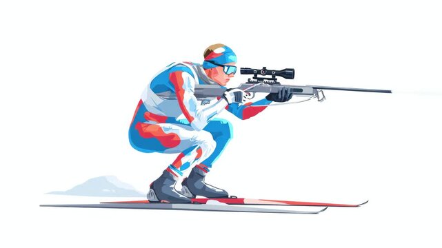 A biathlete in a sports suit sits and practices aiming. The athlete aims, isolated on white, winter competition