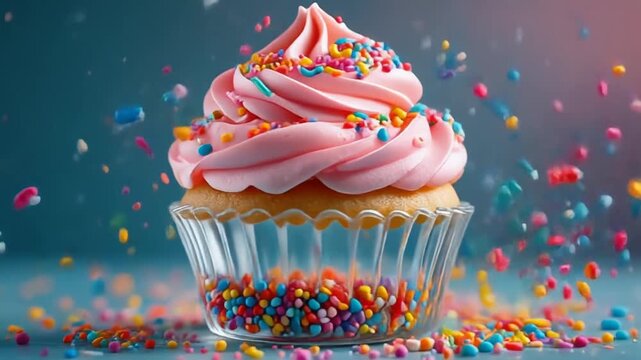Whimsical frosted glass cupcake with pink icing and colorful sprinkles