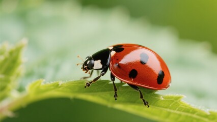 Fototapeta premium Macro photography of Harmonia axyridis: A macro lens captures in high definition the natural moment when a Harmonia axyridis with a red-and-white-spotted shell perches on a tender green leaf. The deli