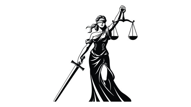 A black and white illustration of the goddess of justice holding scales and a sword Vector