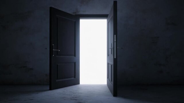 Open door silhouette with bright white light in dark room