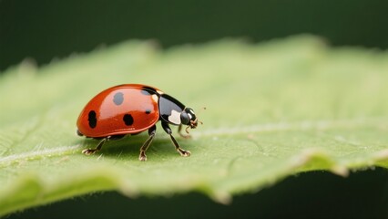 Macro photography of Harmonia axyridis: A macro lens captures in high definition the natural moment when a Harmonia axyridis with a red-and-white-spotted shell perches on a tender green leaf. The deli