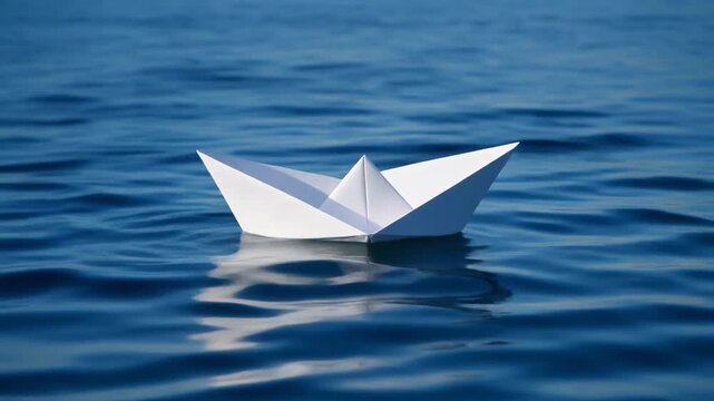 Single white origami paper boat floating on blue water ripples