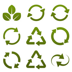 Obraz premium Collection of green environmental icons featuring recycling arrows and organic leaves