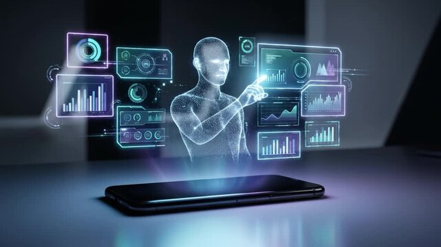 Futuristic technology hologram smartphone digital interface data visualization virtual screen artificial intelligence business analytics mobile device augmented reality innovation future concept