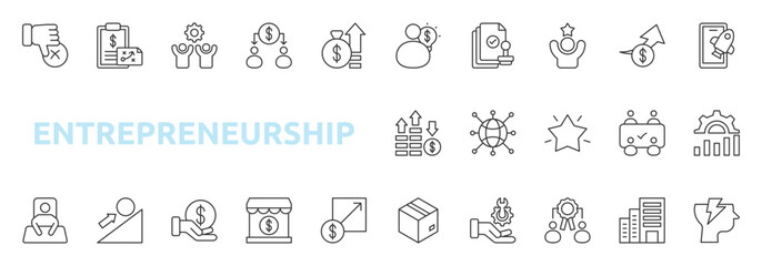 Entrepreneurship icon set outline style with legislation, success, sales, startup, failure, business plan, team building, crowd funding, capital, founder icons