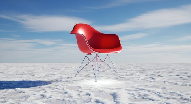 Red Eames Chair Standing Alone on Snowy Landscape Under Blue Sky