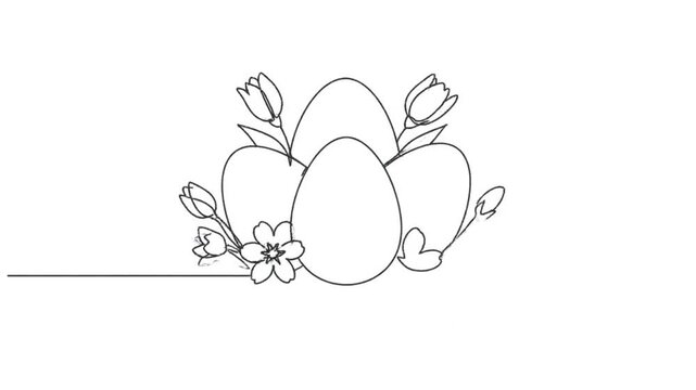 Minimalistic line drawing of three large Easter eggs arranged in a triangular formation, surrounded by tulips and spring blossoms, symbolizing seasonal celebration, Easter traditions