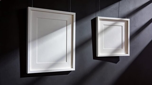 White framed pictures hanging on dark wall with light beams
