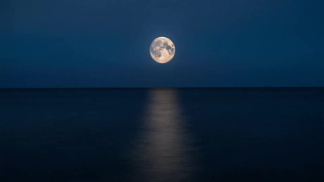 Long Exposure Landscape of Full Moon Reflecting on Calm Dark Blue Ocean Water 