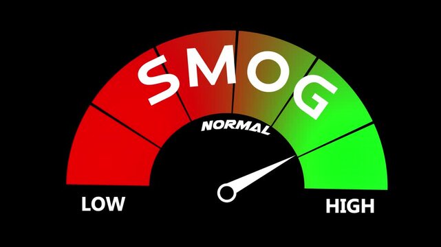 Smog Level Text or Word Low and normal to High Meter Concept. level meter moving from low level to high level, ideal for concepts related to electrolyte balance.