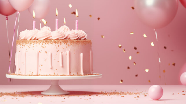 G&acirc;teau d&rsquo;anniversaire rose avec bougies et ballons dans une ambiance festive