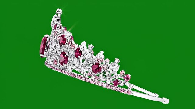 Silver diamond tiara with pink rubies on green screen
