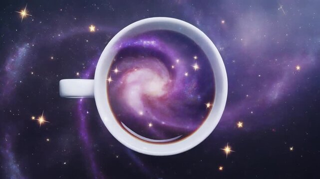Top view of white coffee cup containing swirling purple galaxy and stars illustration