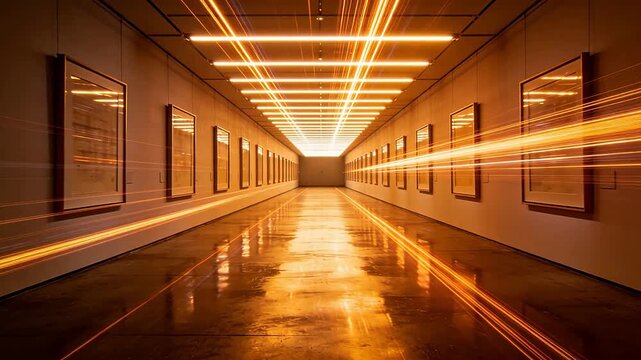 Modern art gallery corridor with grid ceiling lights and wall frames