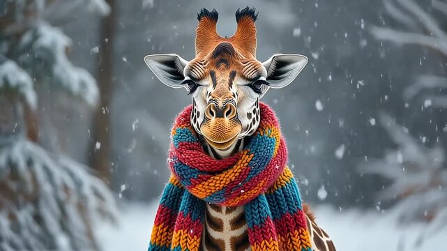 Funny giraffe wearing long colorful knitted scarf standing in winter snowy landscape