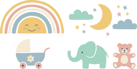 Fototapeta premium Cute Boho Nursery Art Set: Pastel Baby Graphics for Newborns and Decor