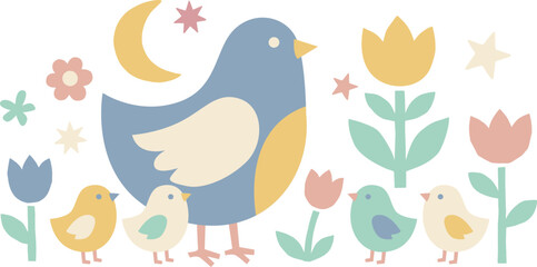 Naklejka premium Sweet Pastel Bird Family Illustration for Nursery Decor and Baby Shower Art